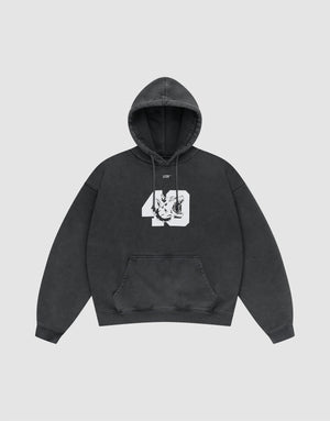 The LFDY 40 Hooded by LIVE FAST DIE YOUNG is a black oversize fit hoodie featuring a kangaroo pocket and bold front print: a large white 40 graphic with an intertwined dragon and LIVY text above, shown laid flat on a light grey background. | plain