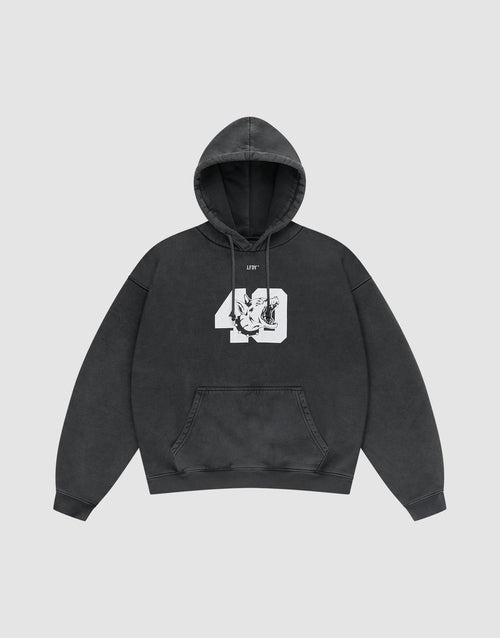 The LFDY 40 Hooded by LIVE FAST DIE YOUNG is a black oversize fit hoodie featuring a kangaroo pocket and bold front print: a large white 40 graphic with an intertwined dragon and LIVY text above, shown laid flat on a light grey background. | plain