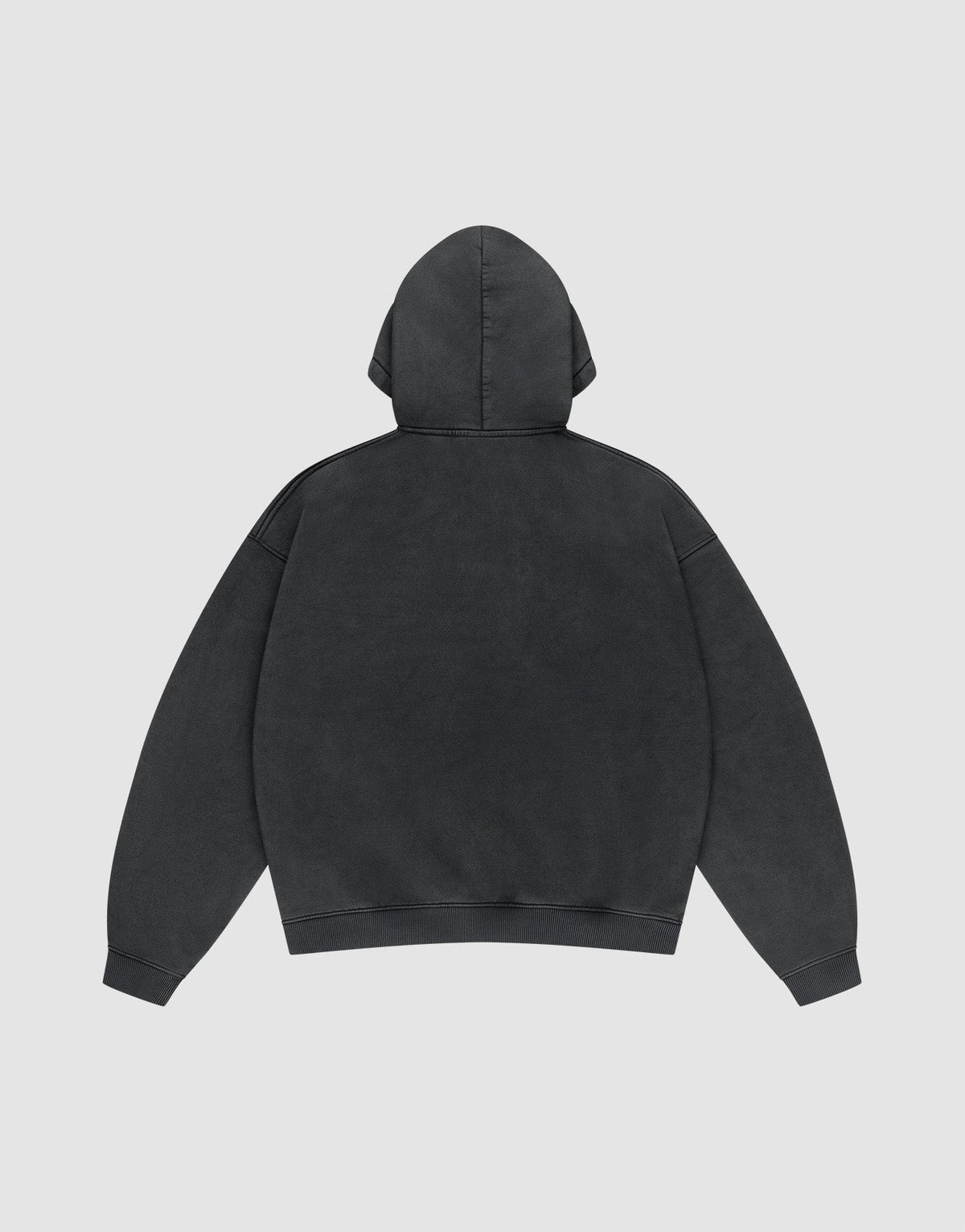 Back view of the LFDY 40 Hooded by LIVE FAST DIE YOUNG, a plain black oversize fit hoodie with long sleeves and kangaroo pocket, shown on a light gray background.