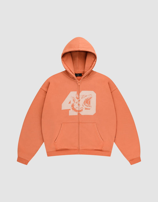 The LFDY 40 Hooded Zip by LIVE FAST DIE YOUNG is an orange oversized zip-up hoodie with front pockets and a bold white bleich-print: number 49 intertwined with a striking tiger face on the chest. | plain