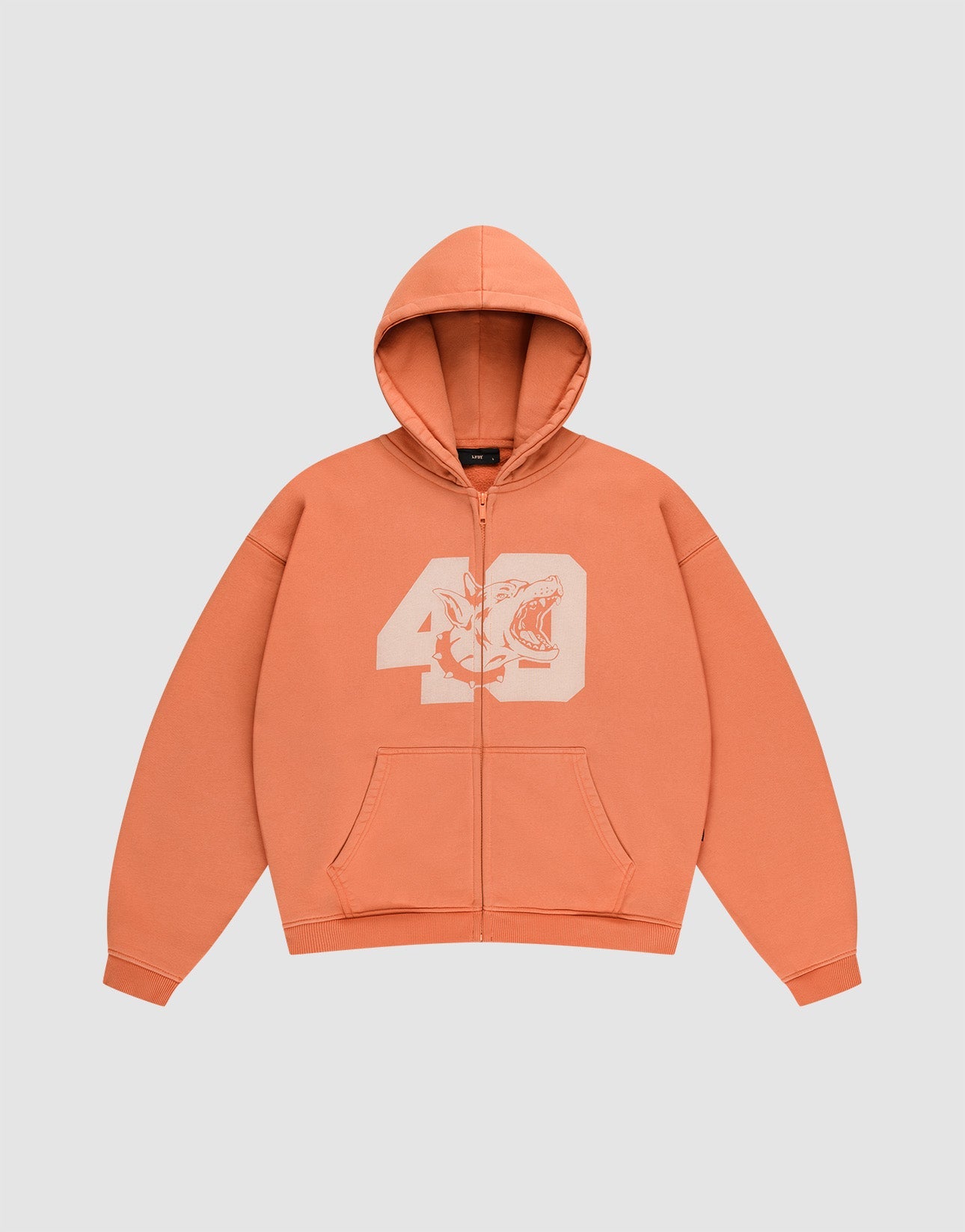 The LFDY 40 Hooded Zip by LIVE FAST DIE YOUNG is an orange oversized zip-up hoodie with front pockets and a bold white bleich-print: number 49 intertwined with a striking tiger face on the chest. | plain