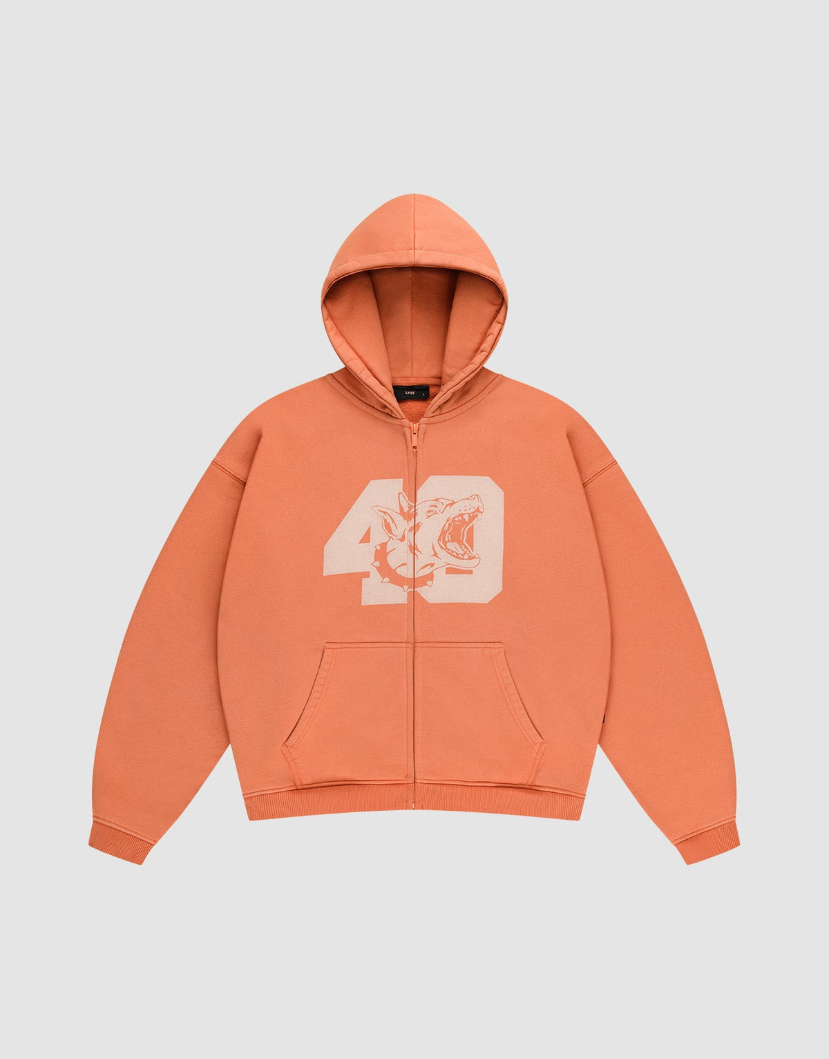 The LFDY 40 Hooded Zip by LIVE FAST DIE YOUNG is an orange oversized zip-up hoodie with front pockets and a bold white bleich-print: number 49 intertwined with a striking tiger face on the chest. | plain