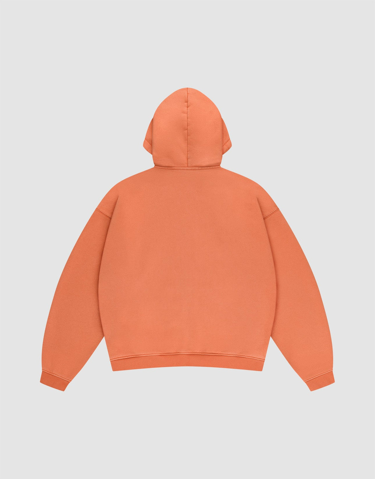 The LFDY 40 Hooded Zip by LIVE FAST DIE YOUNG is shown laid flat, back view, with the hood up and sleeves spread out, highlighting its plain orange color and oversized fit.
