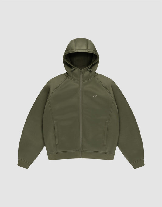 The LFDY Scuba Hooded Zip by LIVE FAST DIE YOUNG is an olive green regular fit hoodie featuring a hood with drawstrings, front pockets, a small “LIVF” logo on the left chest, made from soft polyester and shown on a light gray background. | plain