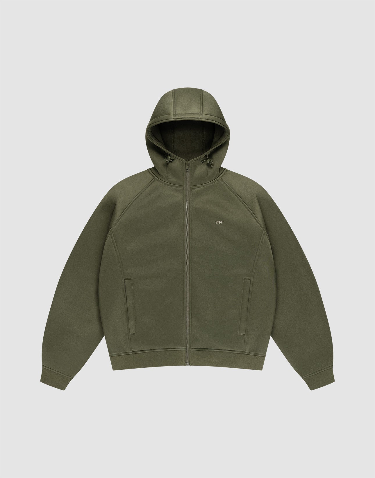 The LFDY Scuba Hooded Zip by LIVE FAST DIE YOUNG is an olive green regular fit hoodie featuring a hood with drawstrings, front pockets, a small “LIVF” logo on the left chest, made from soft polyester and shown on a light gray background.