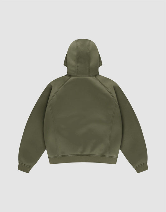 The LFDY Scuba Hooded Zip by LIVE FAST DIE YOUNG in olive green is shown from the back with long sleeves, a relaxed fit, no visible front logo or designs, made from soft polyester, set against a plain white background.