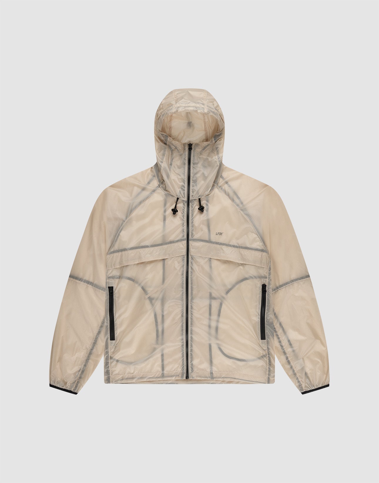 The Live Fast Nylon Jacket by LIVE FAST DIE YOUNG features translucent beige nylon, a transparent outer layer, black zipper details, black hood drawstrings, and visible seam lines, shown on a plain light gray background.