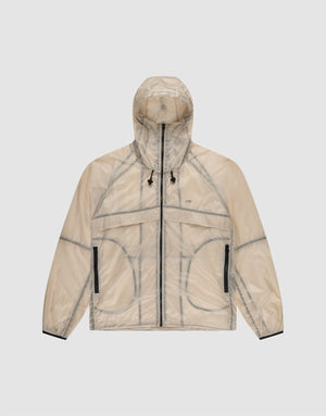 The Live Fast Nylon Jacket by LIVE FAST DIE YOUNG features translucent beige nylon, a transparent outer layer, black zipper details, black hood drawstrings, and visible seam lines, shown on a plain light gray background. | plain