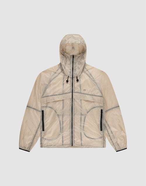 The Live Fast Nylon Jacket by LIVE FAST DIE YOUNG features translucent beige nylon, a transparent outer layer, black zipper details, black hood drawstrings, and visible seam lines, shown on a plain light gray background. | plain