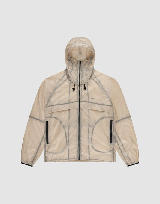 The Live Fast Nylon Jacket by LIVE FAST DIE YOUNG features translucent beige nylon, a transparent outer layer, black zipper details, black hood drawstrings, and visible seam lines, shown on a plain light gray background. | plain
