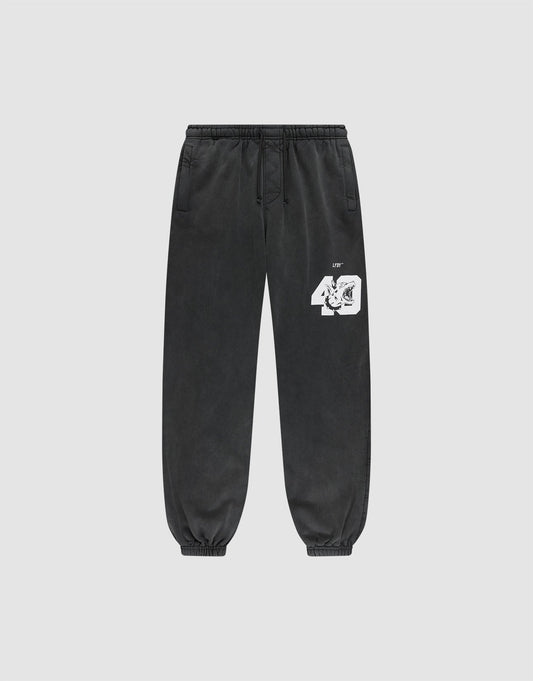 The LFDY 40 Wide Cuff Jogger by LIVE FAST DIE YOUNG features an oversized fit, elastic cuffs and waistband, white “40” graphic with small text near the left pocket, zip side pockets, and is made from cotton. Shown on a plain light gray background. | plain
