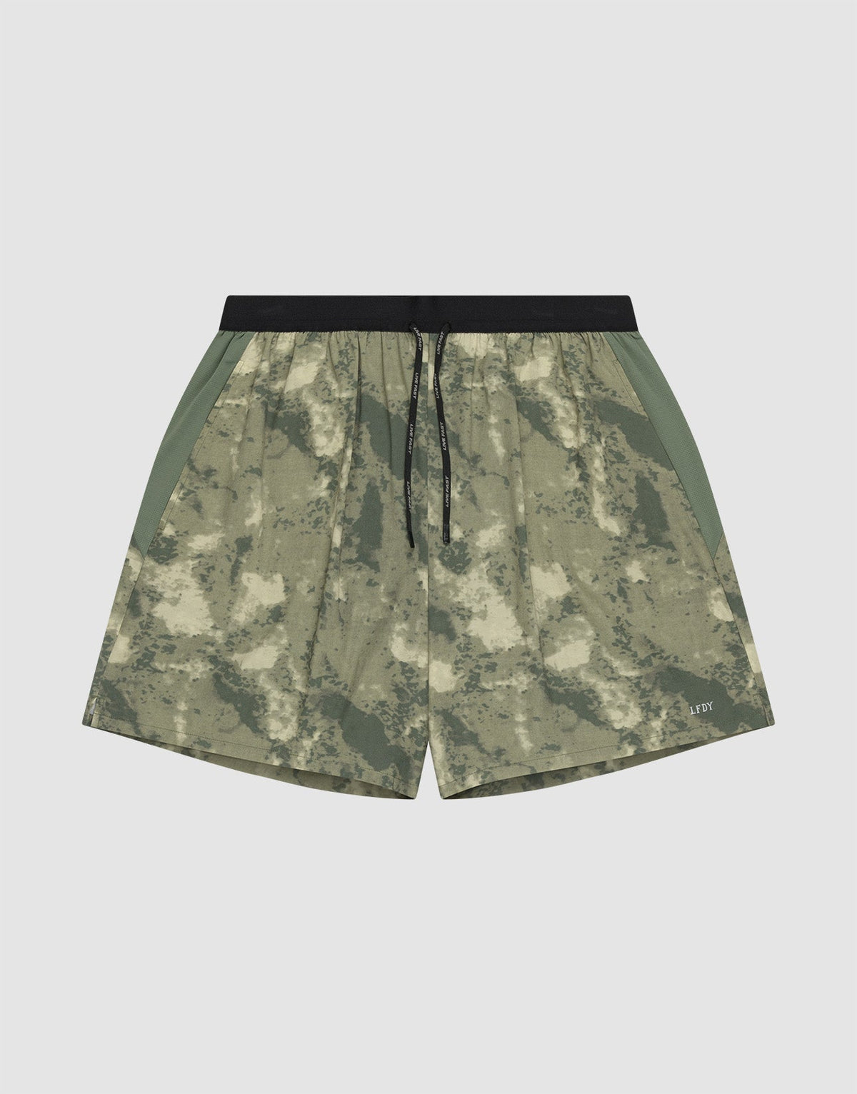 The LFDY Performance Running Shorts by LIVE FAST DIE YOUNG feature a green and beige camo pattern, integrated tights, black drawstring waistband, side panels, and a practical phone pocket, shown against a plain white background. | plain