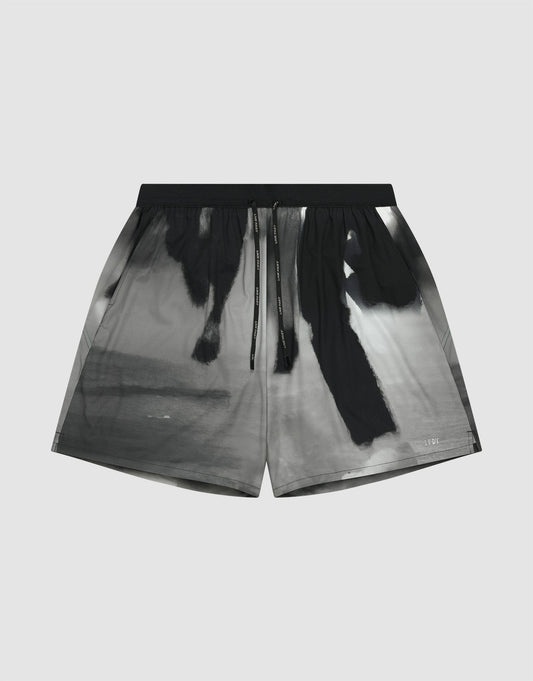 LFDY Performance Shorts by LIVE FAST DIE YOUNG feature a black and white abstract pattern, black elastic waistband, and subtle LFDY branding, shown on a plain light gray background. | plain