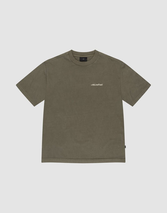 The Basic +49 Chest Tee by LIVE FAST DIE YOUNG is an olive green oversized t-shirt with a crew neck and small white "+49" logo on the left chest, made from 100% cotton and displayed flat on a light gray background. | plain