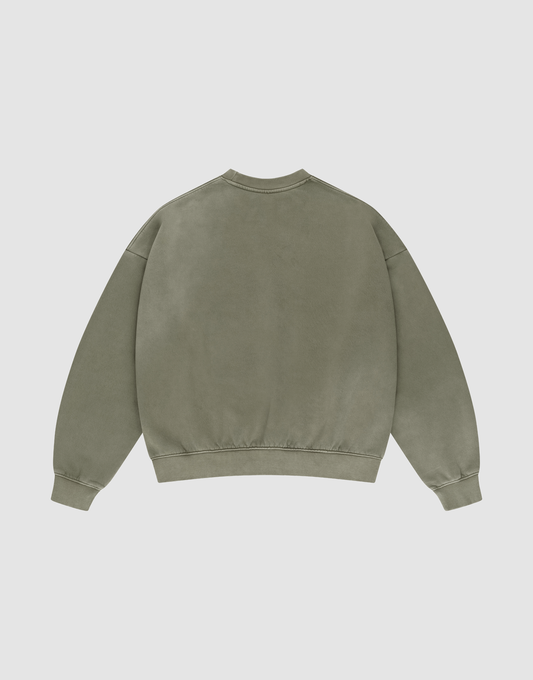 The LIVE FAST DIE YOUNG Basic Chest Sweater is displayed from the back in olive green, featuring an oversized fit, long sleeves, ribbed cuffs and hem, and an authentic Faded Look set against a light gray background.