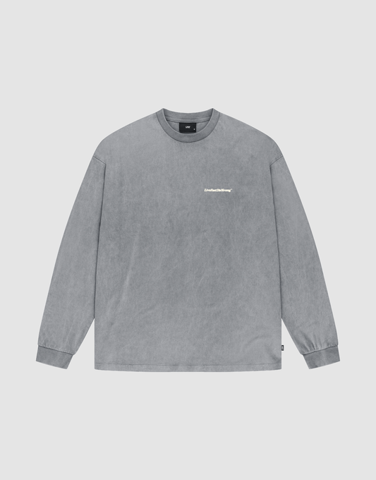 The Basic Longsleeve by LIVE FAST DIE YOUNG is a gray, oversize fit crewneck with long sleeves, ribbed cuffs, a washed texture, and small white logo on the chest. Made from 100% Baumwolle and shown on a plain light background. | plain