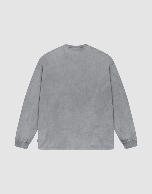 The LIVE FAST DIE YOUNG Basic Longsleeve, a plain washed gray 100% Baumwolle crew-neck shirt, is shown flat with the back facing up against a light gray background.