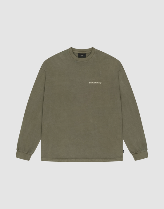 The LIVE FAST DIE YOUNG Basic Longsleeve is an olive-green crewneck with long sleeves, a small white logo on the left chest, made from 100% Baumwolle, shown on a simple light background. | plain
