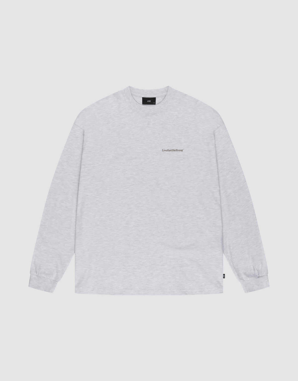The LIVE FAST DIE YOUNG Basic Longsleeve is an oversized, light gray crewneck shirt with long sleeves and a small logo print on the left chest, shown laid flat on a white background. | plain