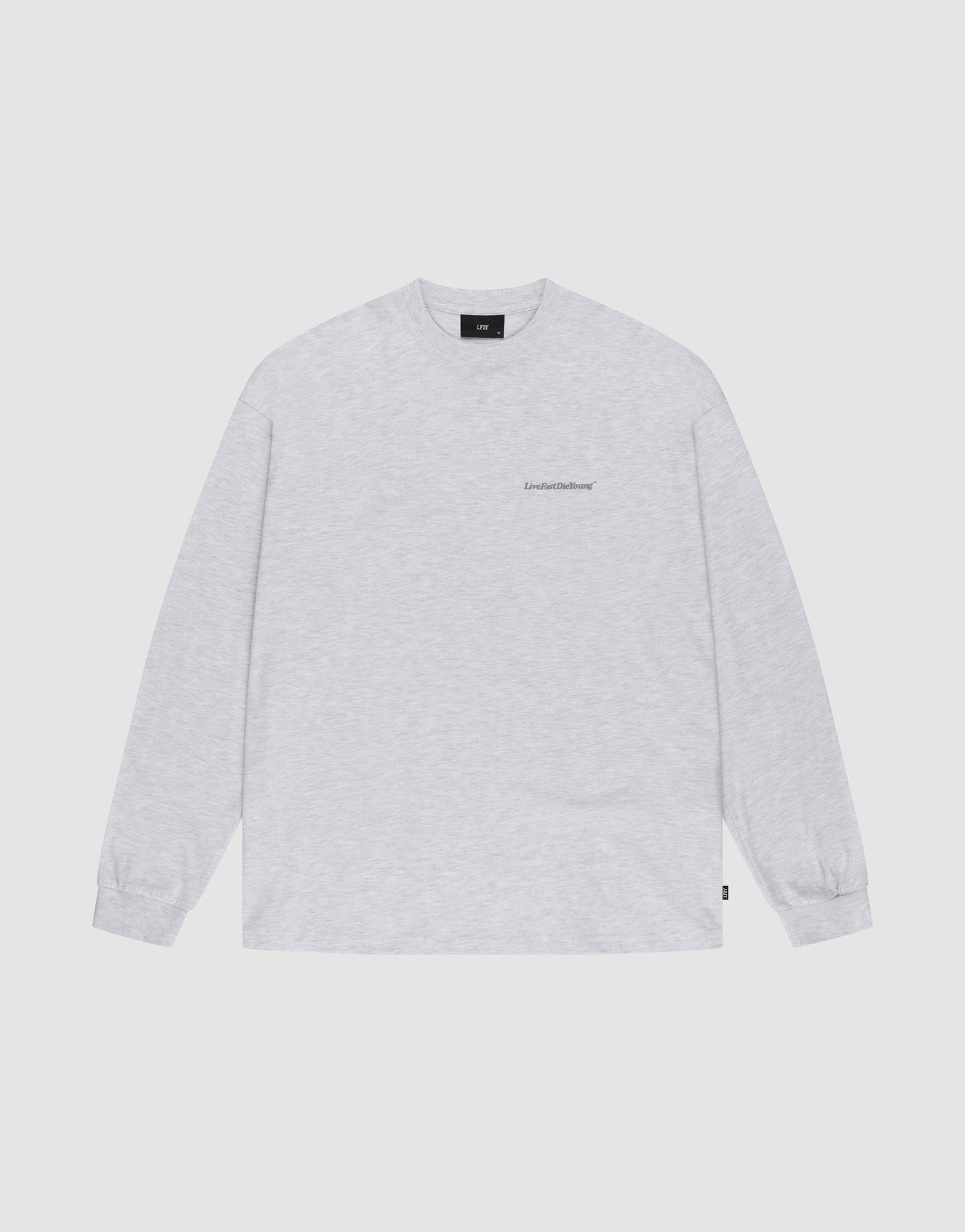 The LIVE FAST DIE YOUNG Basic Longsleeve is an oversized, light gray crewneck shirt with long sleeves and a small logo print on the left chest, shown laid flat on a white background. | plain