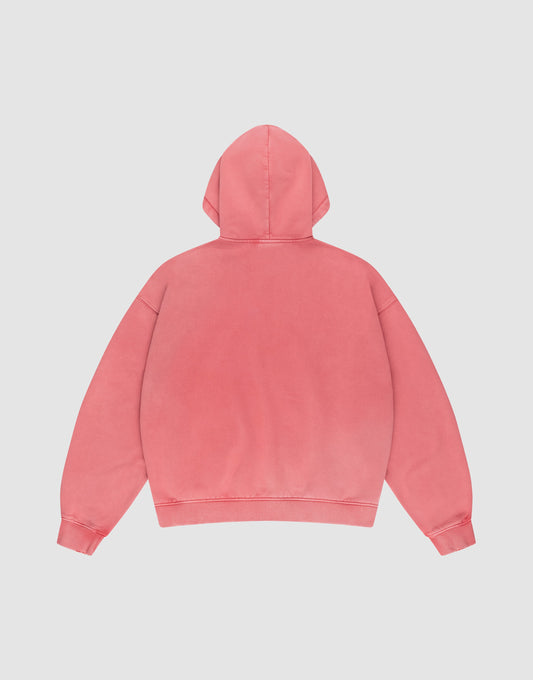A pink Basic Hooded Zip from LIVE FAST DIE YOUNG is laid flat, back facing up, on a white background. It has an oversize fit, long sleeves, and features no visible designs or logos.
