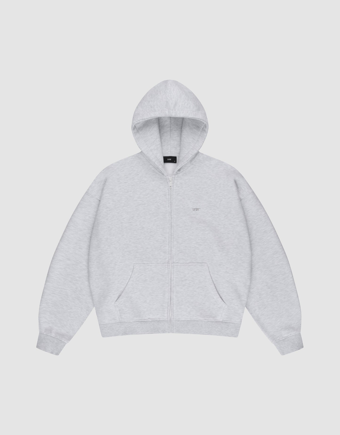 The LIVE FAST DIE YOUNG Basic Hooded Zip is a light gray zip-up hoodie with a front zipper, two large front pockets, and a drawstring hood, shown flat on a white background.