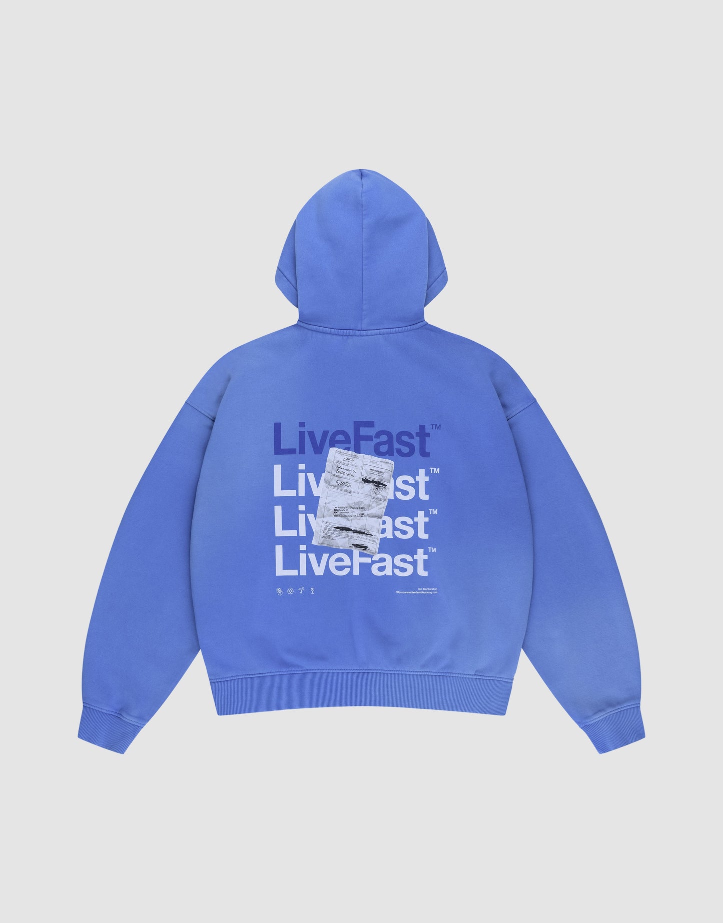 The Basic Evidence Hooded by LIVE FAST DIE YOUNG is a blue oversized hoodie with "LiveFast" printed repeatedly in bold white and purple on the back, topped with a sewn white rectangular patch. Shown laid flat on a white background. | plain