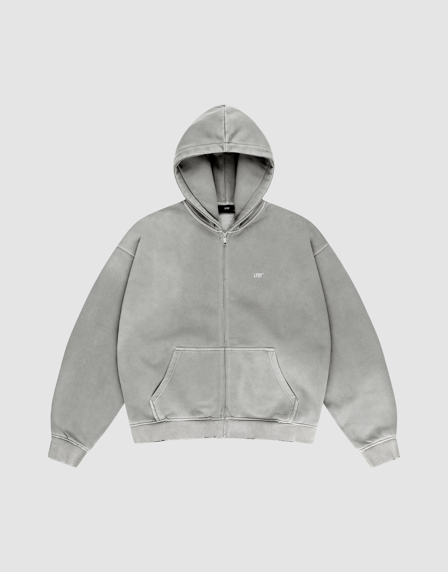 The LIVE FAST DIE YOUNG Basic Hooded Zip is a light gray zip-up hoodie with a hood, front pockets, and a small LIFT logo on the left chest, shown on a matching gray background. | plain