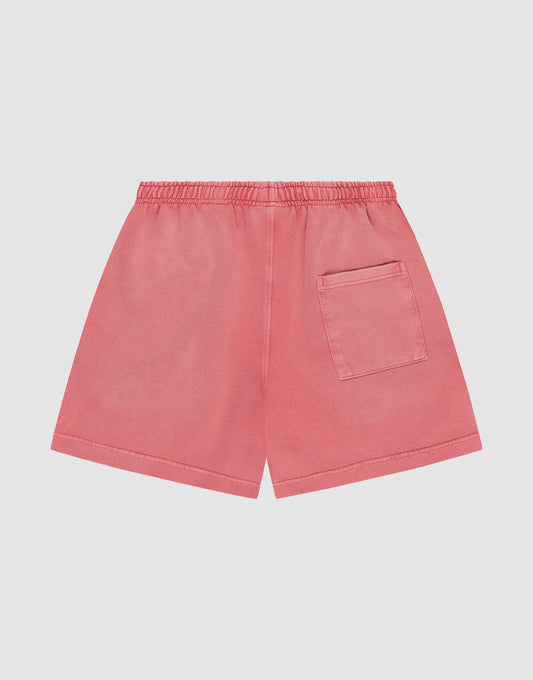 LIVE FAST DIE YOUNG Basic Sweat Shorts in pink, featuring an elastic waistband, a single back pocket, and a subtle faded finish, shown flat on a white background.