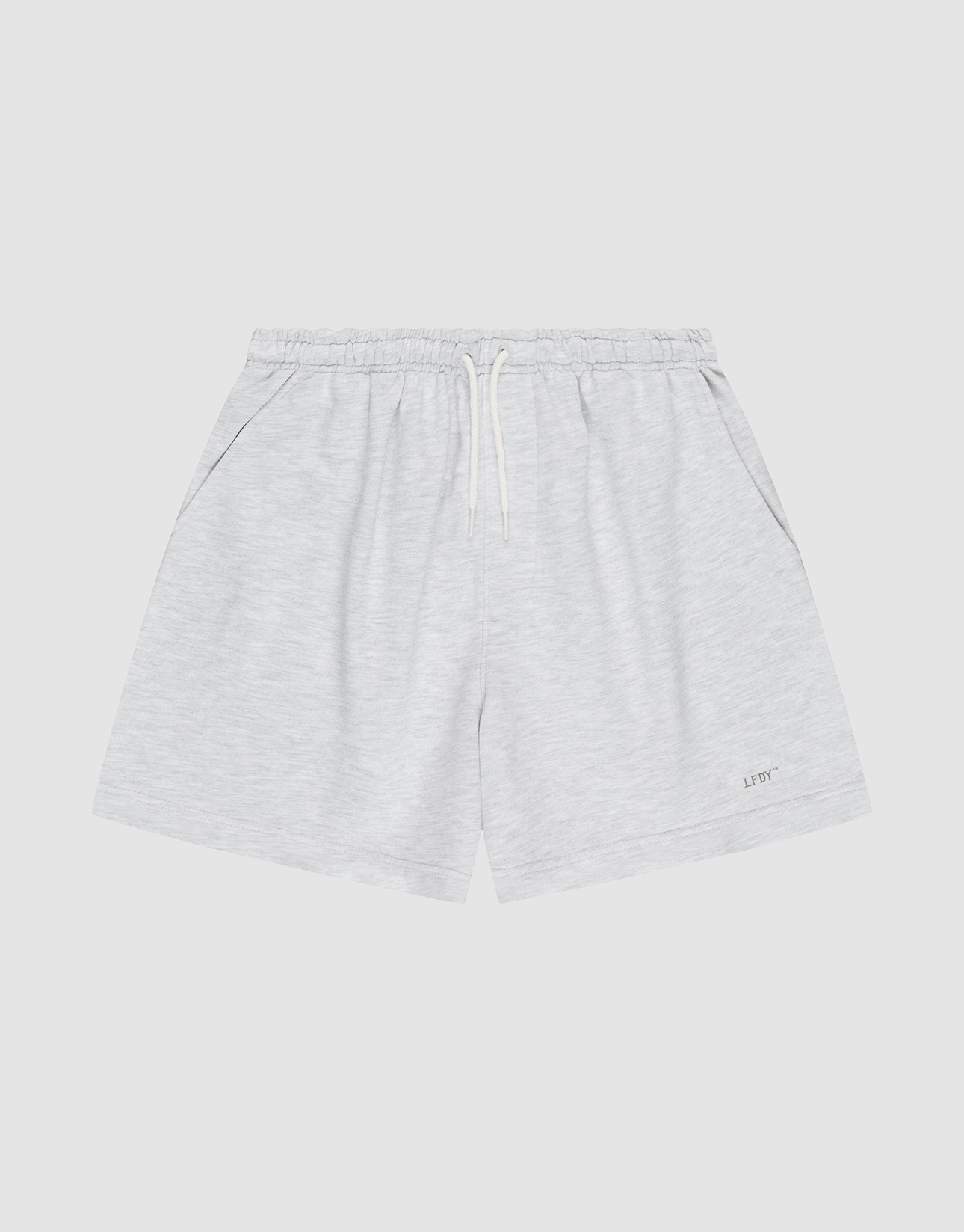 LIVE FAST DIE YOUNG Basic Sweat Shorts in light gray, featuring an elastic waistband, white drawstring, side pockets, and a small LIFTC logo print on the left leg, displayed flat on a plain white background. | plain
