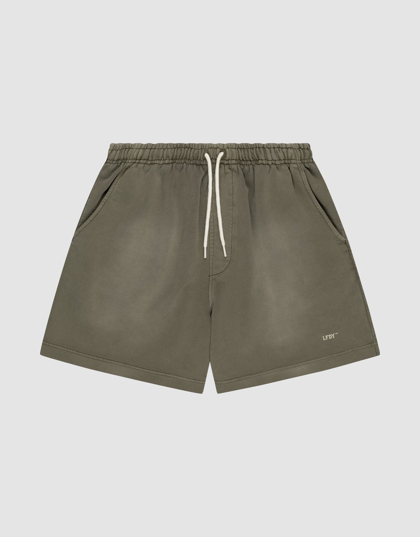 Basic Sweat Shorts by LIVE FAST DIE YOUNG in olive green with a faded look, elastic waistband, two side pockets, and small LIFTO logo print on the left leg, shown against a plain light background.