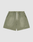 LIVE FAST DIE YOUNG Basic Sweat Shorts in olive green with an elastic waistband, white drawstring, side pockets, oversized fit, subtle faded look, and "LIFTO" logo on the left leg. Shown on a plain light grey background.