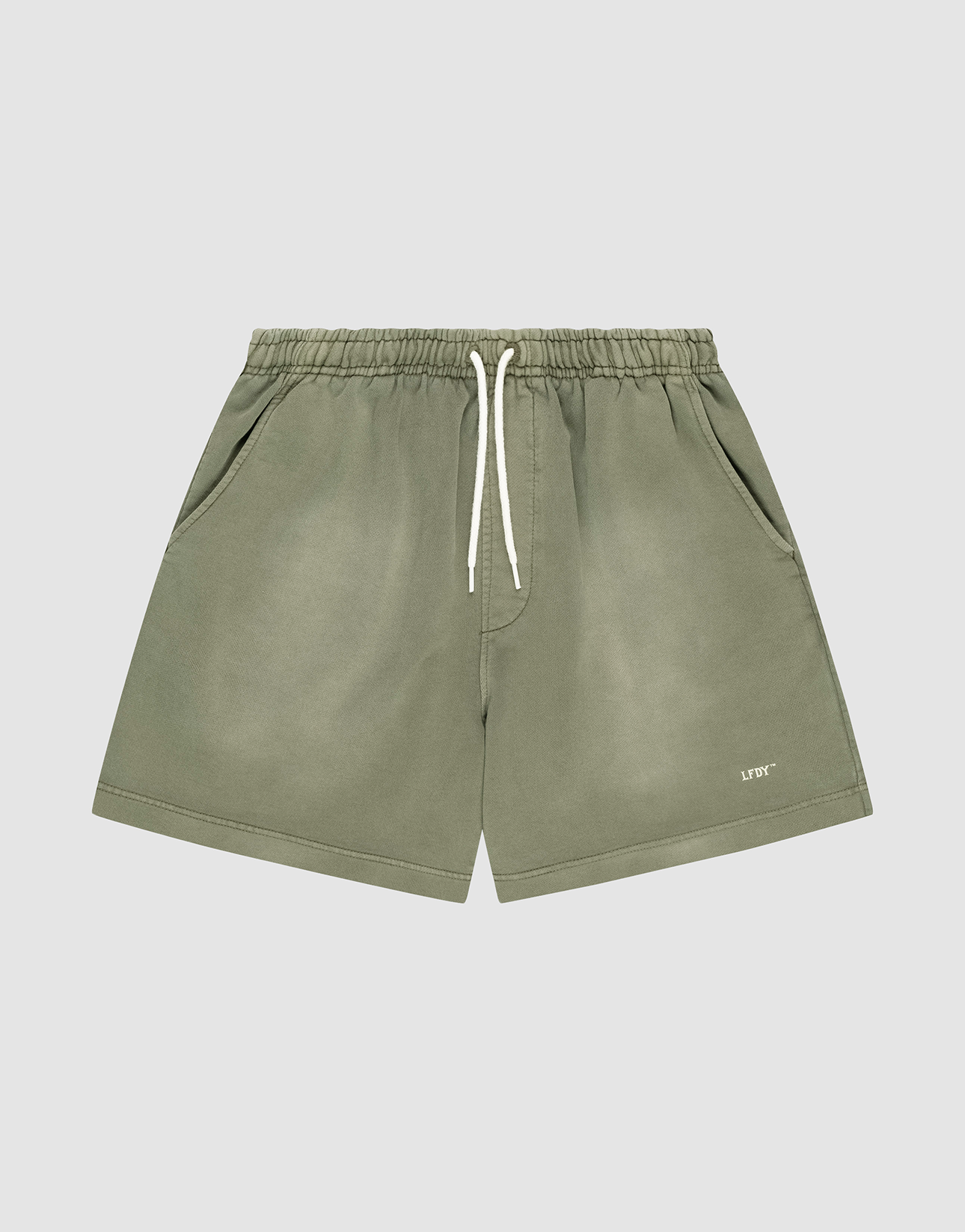 LIVE FAST DIE YOUNG Basic Sweat Shorts in olive green with an elastic waistband, white drawstring, side pockets, oversized fit, subtle faded look, and "LIFTO" logo on the left leg. Shown on a plain light grey background. | plain