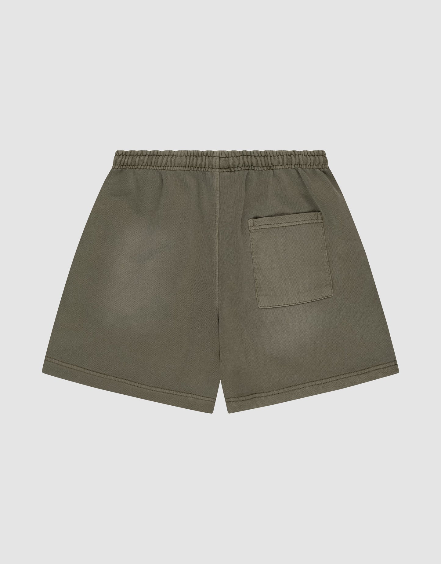 LIVE FAST DIE YOUNG Basic Sweat Shorts in olive green, featuring a faded finish, elastic waistband, and a single back patch pocket, shown against a plain light gray background.