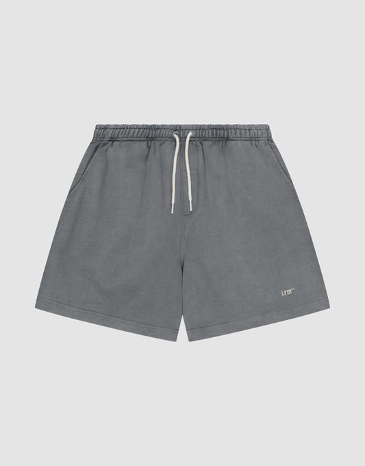 LIVE FAST DIE YOUNG Basic Sweat Shorts in gray with an elastic waistband, side pockets, and a small “LIFT” logo print on the lower left leg, shown against a plain light background. | plain