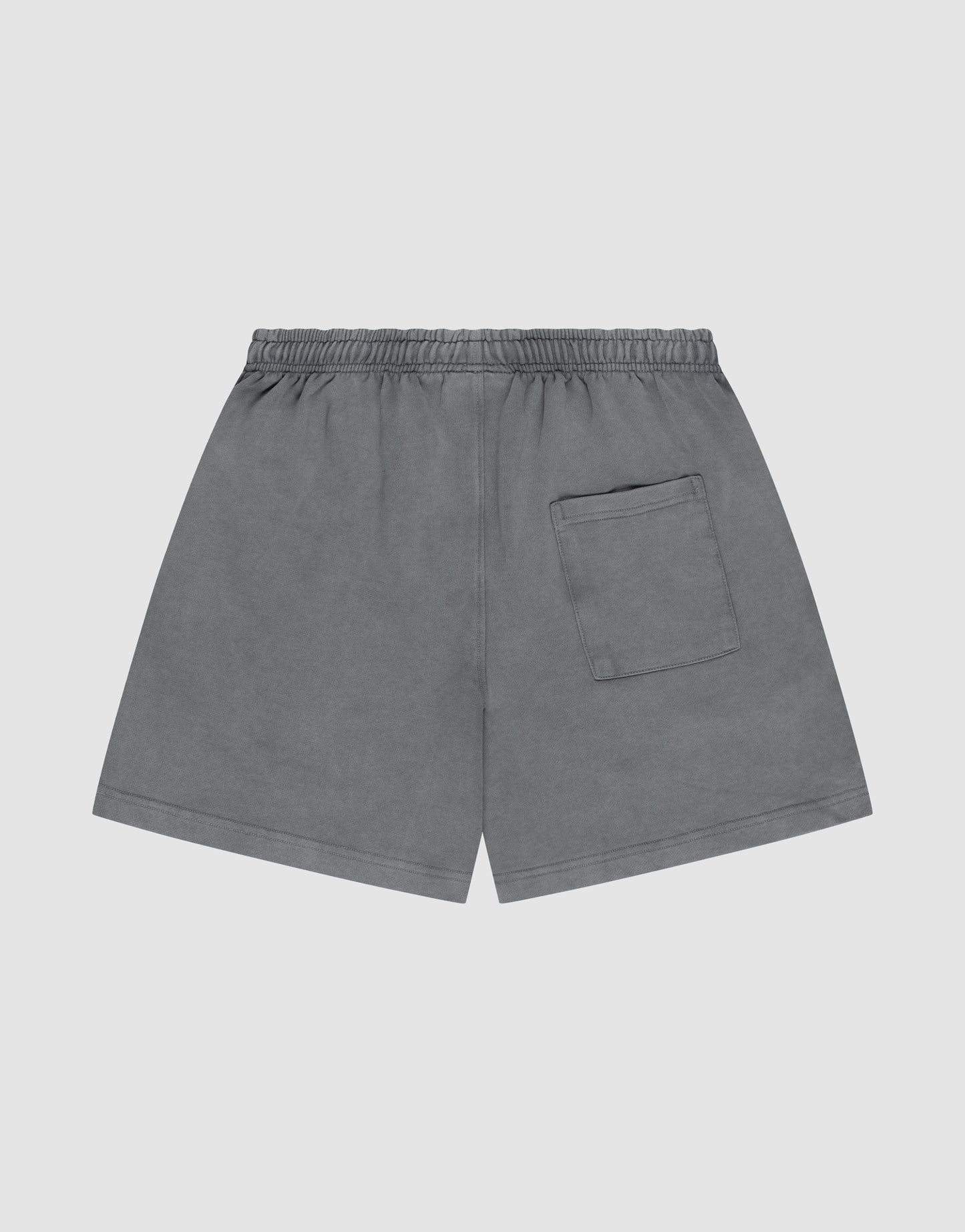 The LIVE FAST DIE YOUNG Basic Sweat Shorts in gray feature an elastic waistband, single back patch pocket, and oversized fit, shown flat on a light gray background.