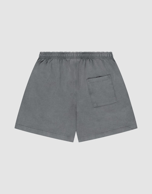 The LIVE FAST DIE YOUNG Basic Sweat Shorts in gray feature an elastic waistband, single back patch pocket, and oversized fit, shown flat on a light gray background.
