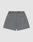 The LIVE FAST DIE YOUNG Basic Sweat Shorts in gray feature an elastic waistband, single back patch pocket, and oversized fit, shown flat on a light gray background.