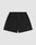 LIVE FAST DIE YOUNG Basic Sweat Shorts in plain black, featuring an elastic waistband, drawstring, side pockets, and a small white logo print on the left leg, shown on a light gray background.