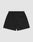 LIVE FAST DIE YOUNG Basic Sweat Shorts in black with an elastic waistband, single back pocket, and subtle logo print, shown flat on a light gray background.