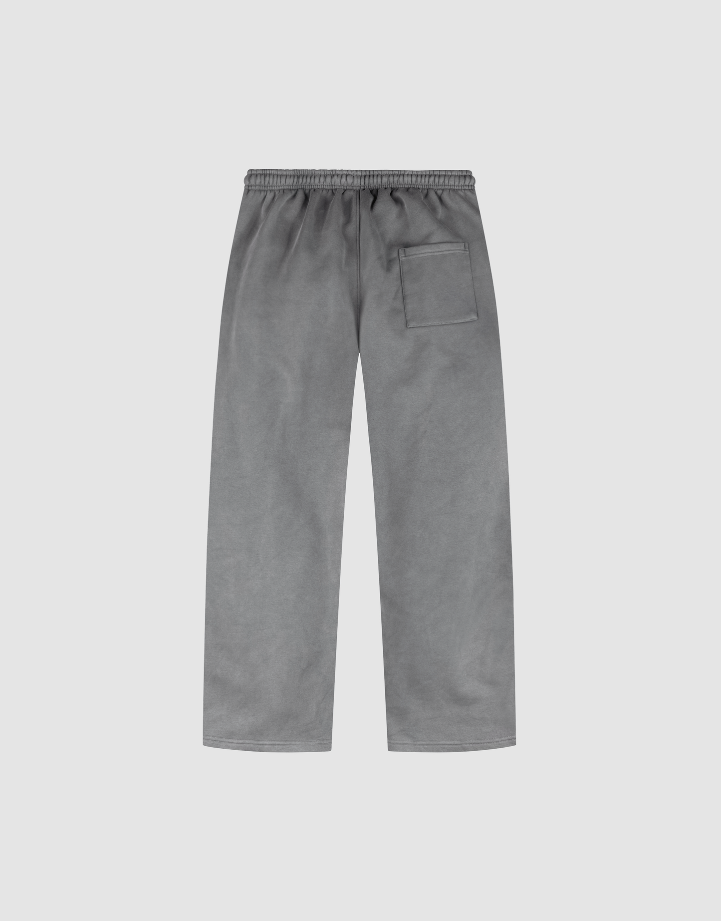 Back view of the LIVE FAST DIE YOUNG Basic Wide Jogger in gray with an elastic waistband, single back pocket, and oversized fit, shown against a plain light gray background.