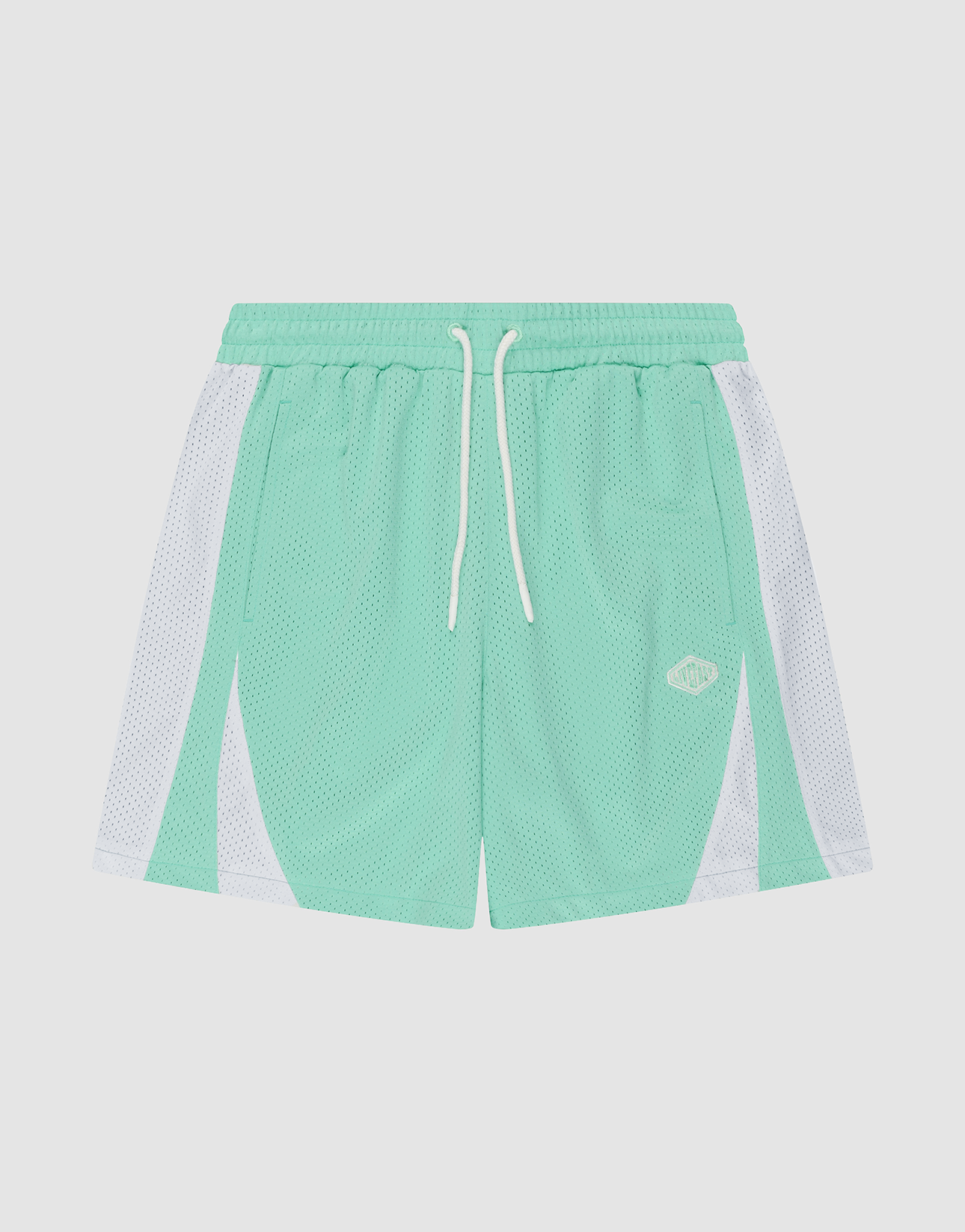 LIVE FAST DIE YOUNG Striped Mesh Shorts in mint green polyester feature white side panels, an elastic waistband with a white drawstring, and a small embroidered logo patch on the left leg, shown against a plain white background. | plain