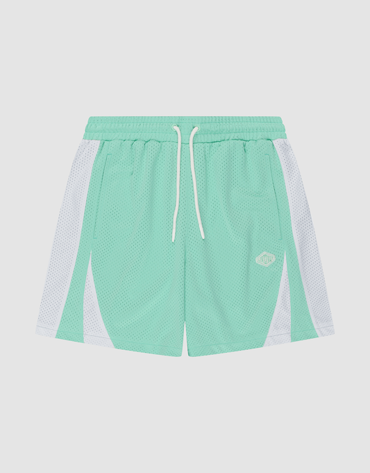 LIVE FAST DIE YOUNG Striped Mesh Shorts in mint green polyester feature white side panels, an elastic waistband with a white drawstring, and a small embroidered logo patch on the left leg, shown against a plain white background. | plain