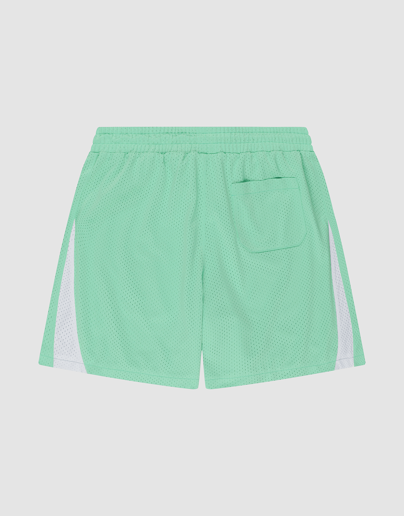LIVE FAST DIE YOUNG Striped Mesh Shorts in light green feature a regular fit, polyester mesh, elastic waistband, right back pocket, and white vertical stripes. Back view shown flat on a white background.