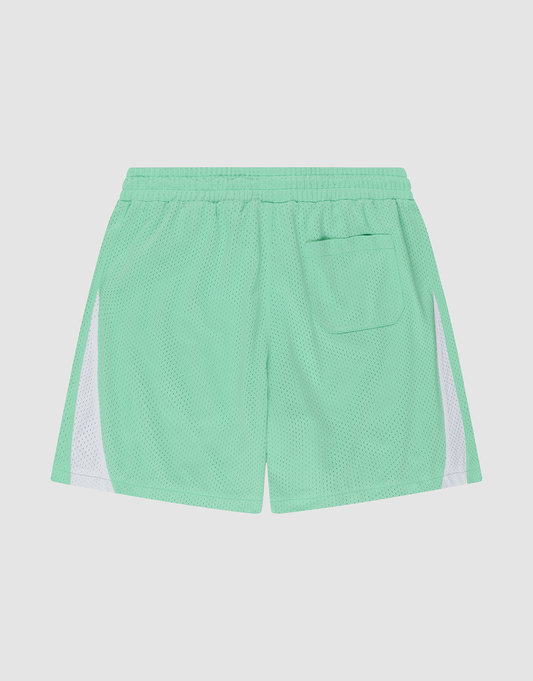 LIVE FAST DIE YOUNG Striped Mesh Shorts in light green feature a regular fit, polyester mesh, elastic waistband, right back pocket, and white vertical stripes. Back view shown flat on a white background.