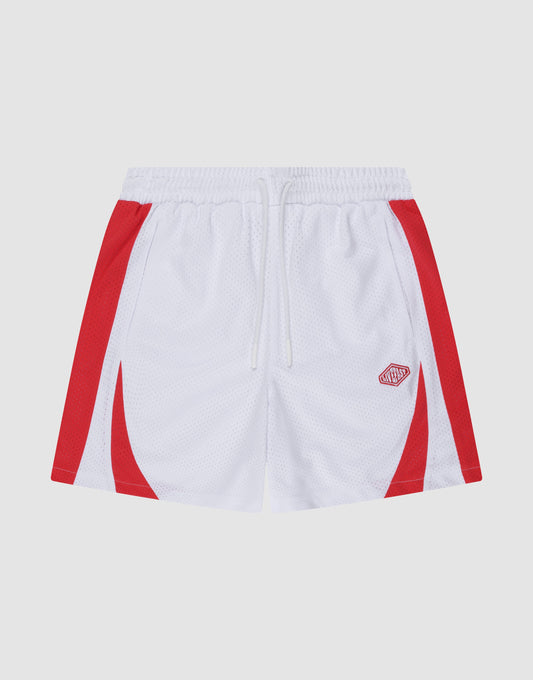 LIVE FAST DIE YOUNG Striped Mesh Shorts in white 100% polyester, with red side panels, a small logo patch on the left leg, and an elastic waistband with drawstring, shown against a plain light background. | plain