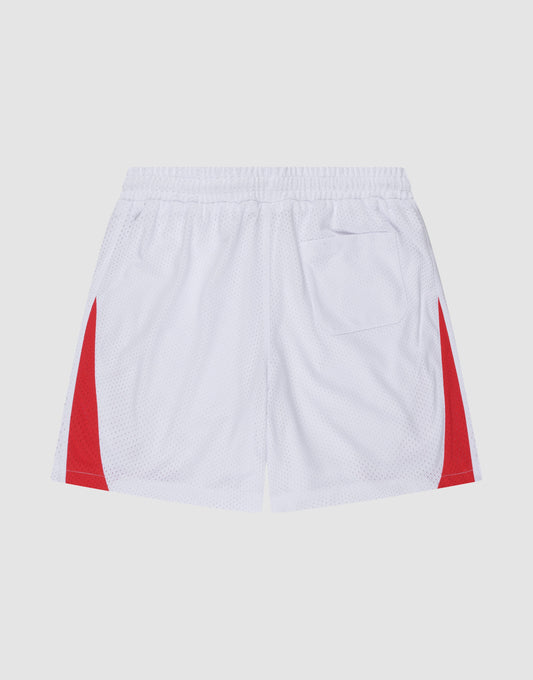 The LIVE FAST DIE YOUNG Striped Mesh Shorts are white, 100% polyester athletic shorts with a mesh texture, red color-block panels, an elastic waistband, small right back pocket, and a subtle logo patch.