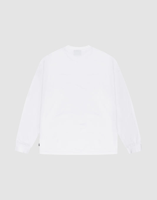The LIVE FAST DIE YOUNG Basic Longsleeve is a plain white, 100% Baumwolle shirt with a crew neckline and ribbed cuffs, shown from the back against a light gray background. No logos, patterns, or designs are visible.