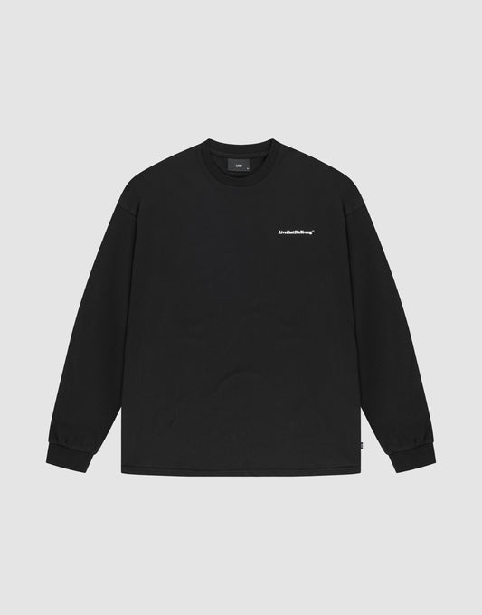 The LIVE FAST DIE YOUNG Basic Longsleeve is a plain black, crewneck long-sleeve shirt with a small white logo print on the left chest, made from 100% Baumwolle and shown laid flat on a light gray background. | plain