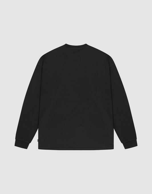 The LIVE FAST DIE YOUNG Basic Longsleeve, a black 100% Baumwolle shirt, is shown flat on a white surface. The back side features a crew neckline and ribbed cuffs.